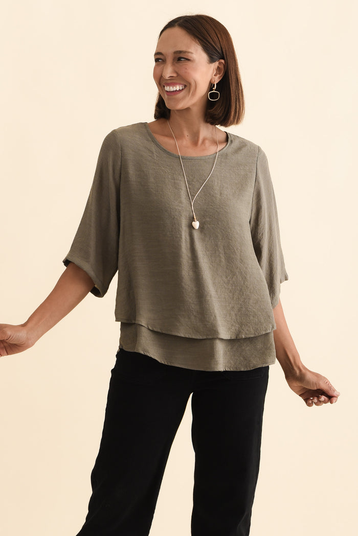 Liora Khaki Layered Top,Brunette model,alt text|model:Cara