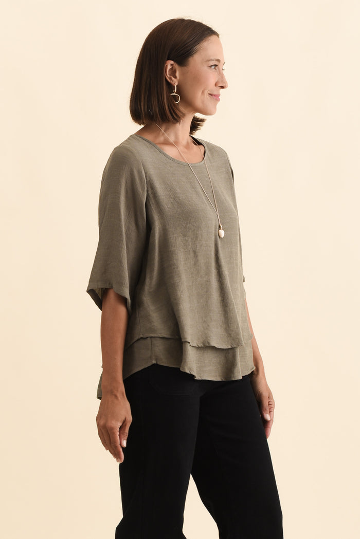 Liora Khaki Layered Top,Brunette model,alt text|model:Cara