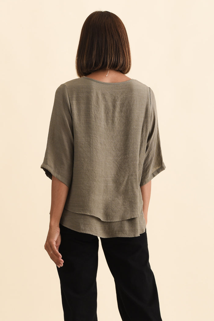 Liora Khaki Layered Top,Brunette model,alt text|model:Cara
