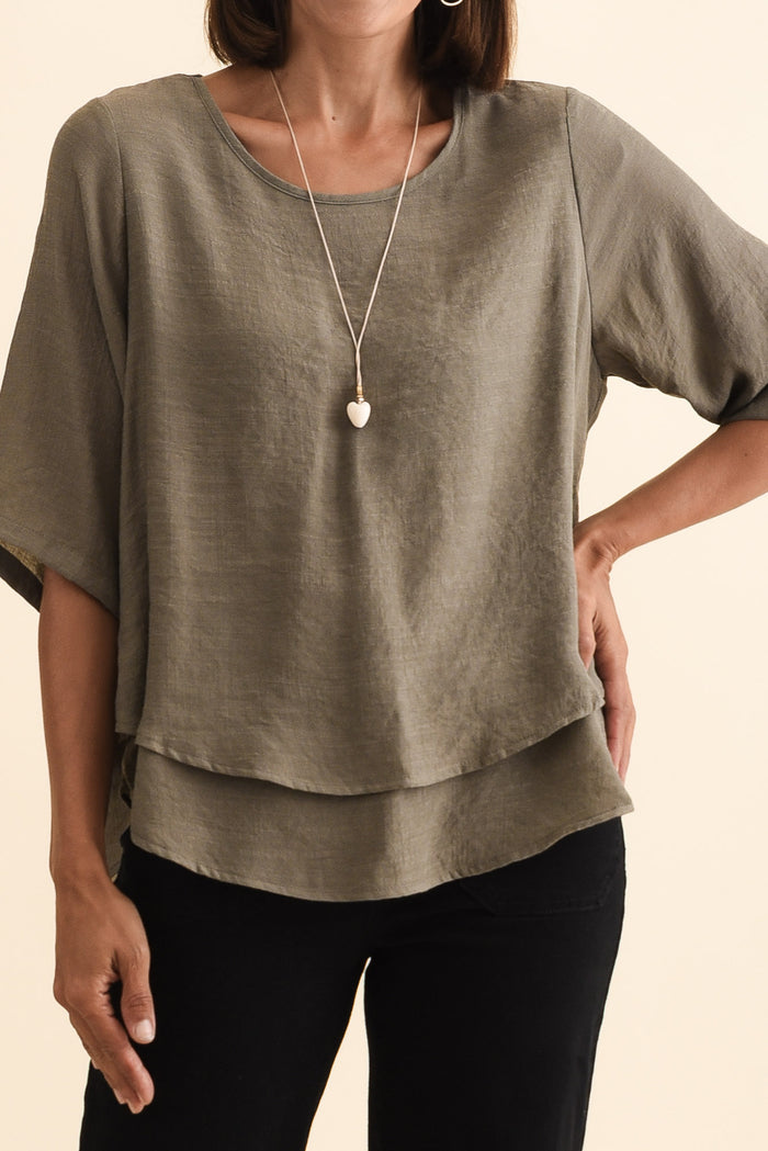 Liora Khaki Layered Top,Brunette model,alt text|model:Cara