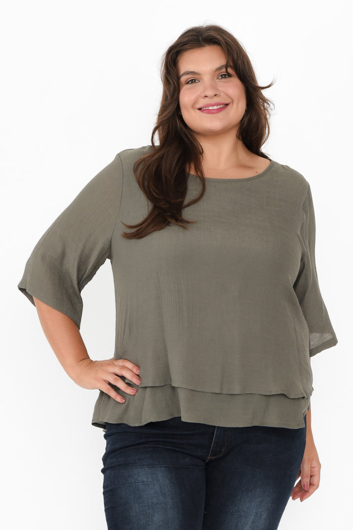 Liora Khaki Layered Top,Brunette model,alt text|model:Gabby