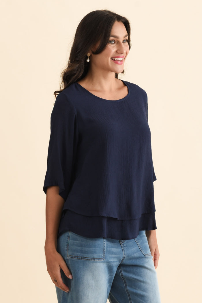 Liora Navy Layered Top,Brunette model,alt text|model:Brontie
