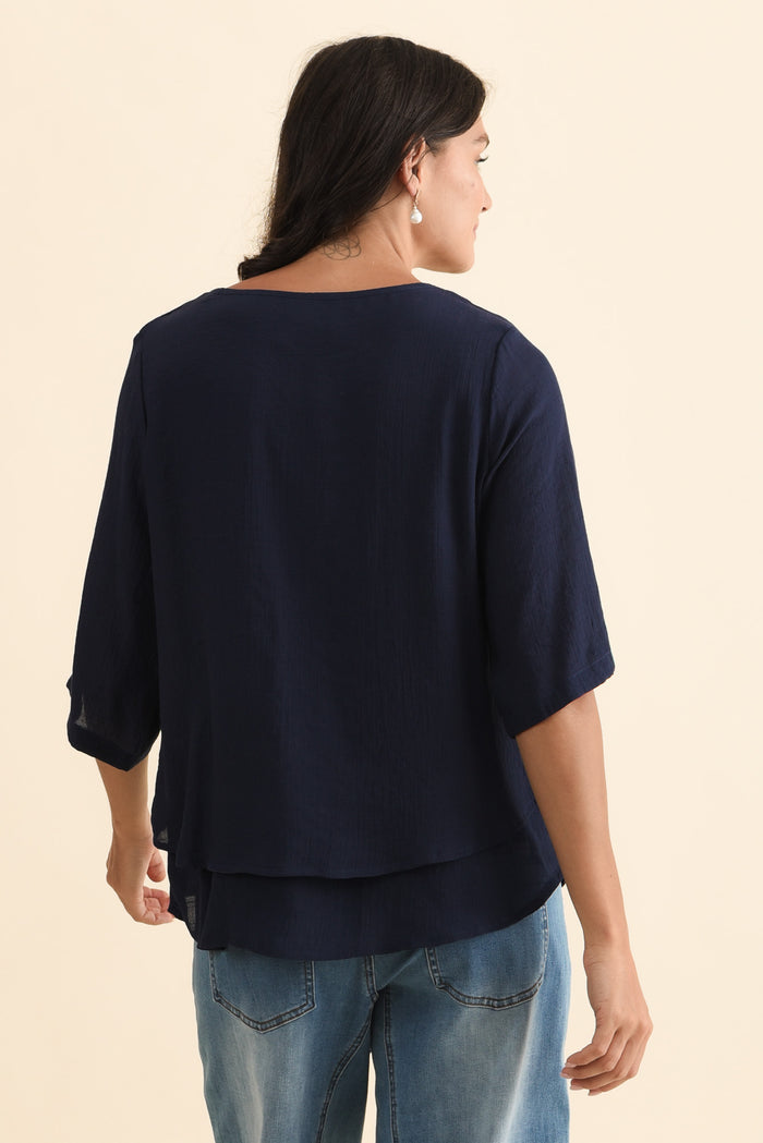 Liora Navy Layered Top,Brunette model,alt text|model:Brontie