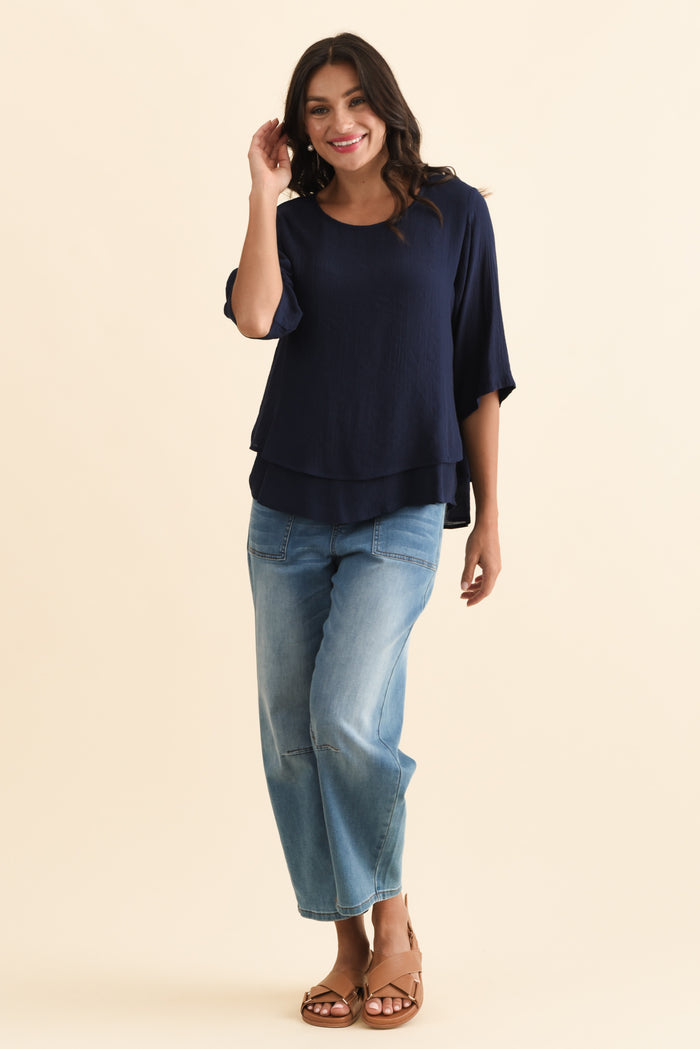 Liora Navy Layered Top,Brunette model,alt text|model:Brontie