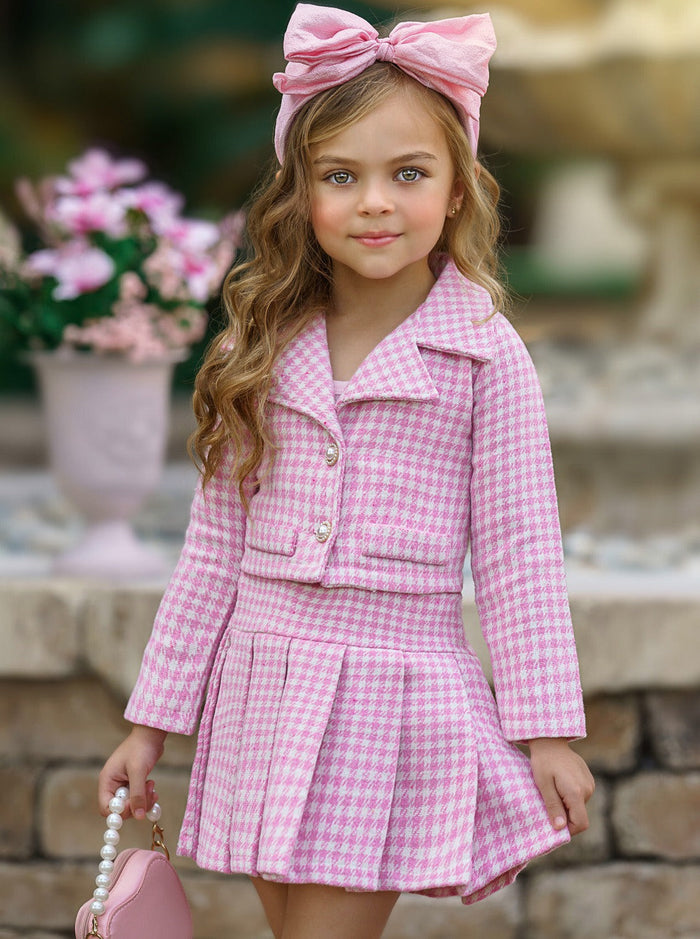 Preppy Chic Sets | Tweed Blazer & Pleated Skirt Set | Mia Belle Girls