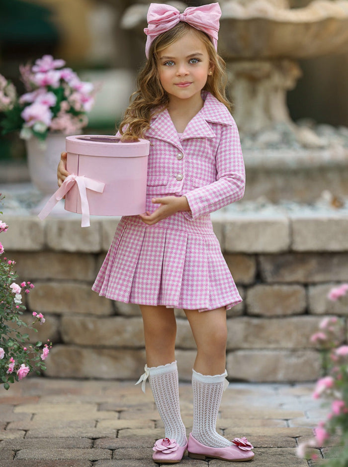 Preppy Chic Sets | Tweed Blazer & Pleated Skirt Set | Mia Belle Girls