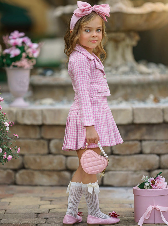 Preppy Chic Sets | Tweed Blazer & Pleated Skirt Set | Mia Belle Girls