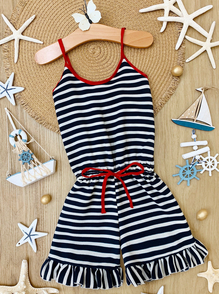 Cute Toddler Outfit | Girls Sleeveless Drawstring Ruffle Hem Romper