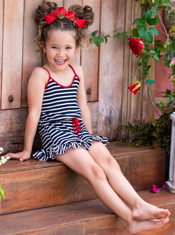 Cute Toddler Outfit | Girls Sleeveless Drawstring Ruffle Hem Romper