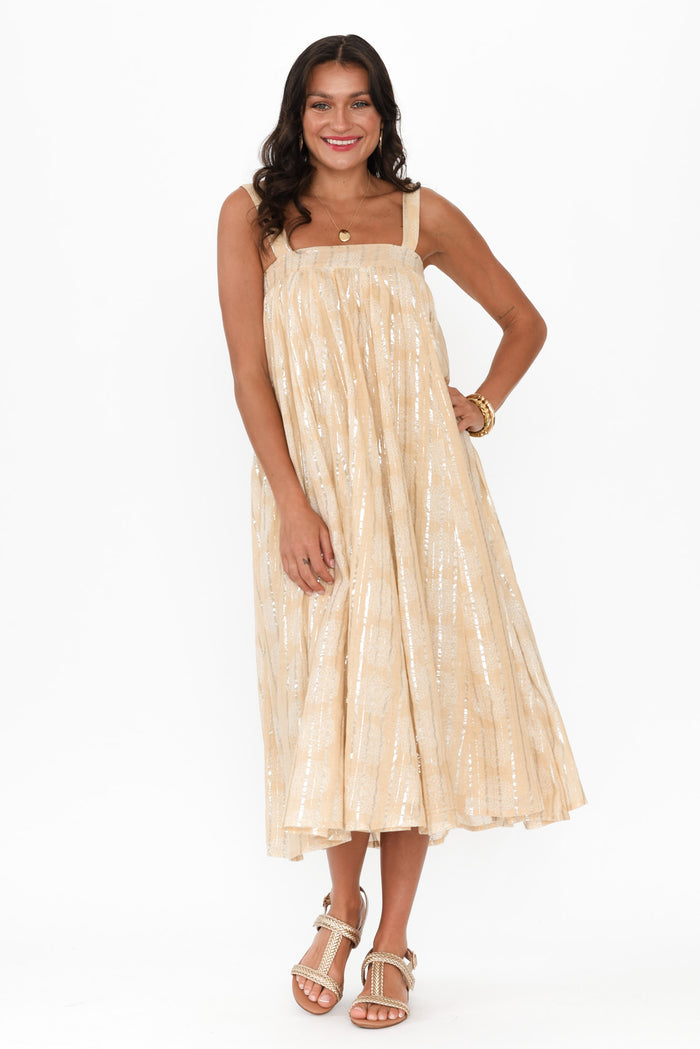 Livvy Beige Stripe Cotton Maxi Dress,Brunette model,alt text|model:Brontie