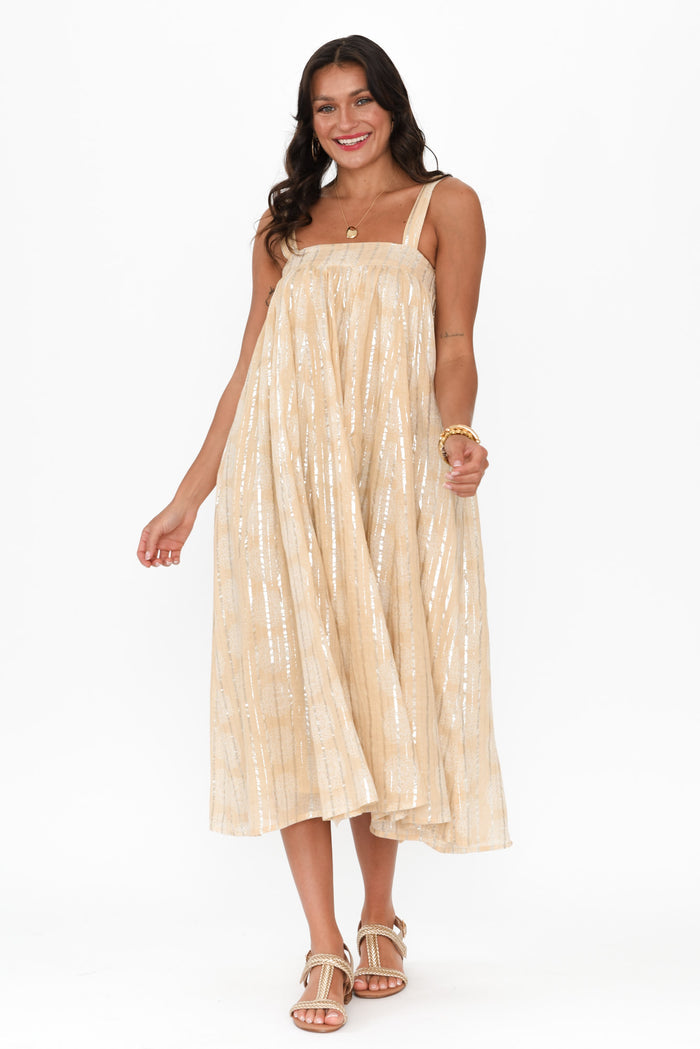 Livvy Beige Stripe Cotton Maxi Dress,Brunette model,alt text|model:Brontie