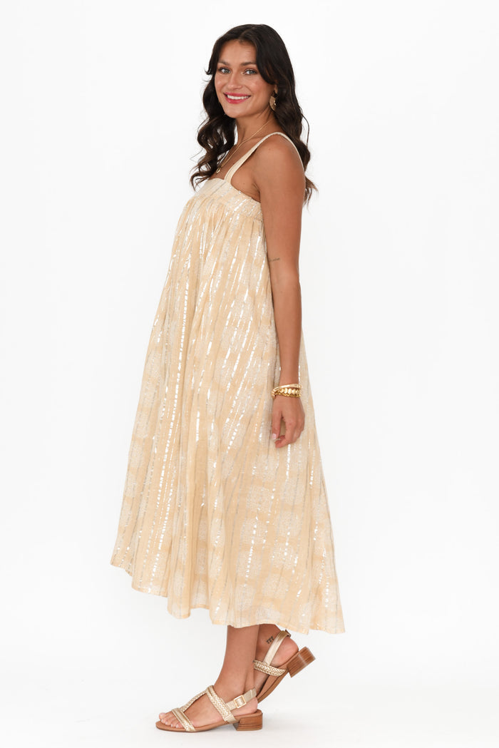 Livvy Beige Stripe Cotton Maxi Dress,Brunette model,alt text|model:Brontie