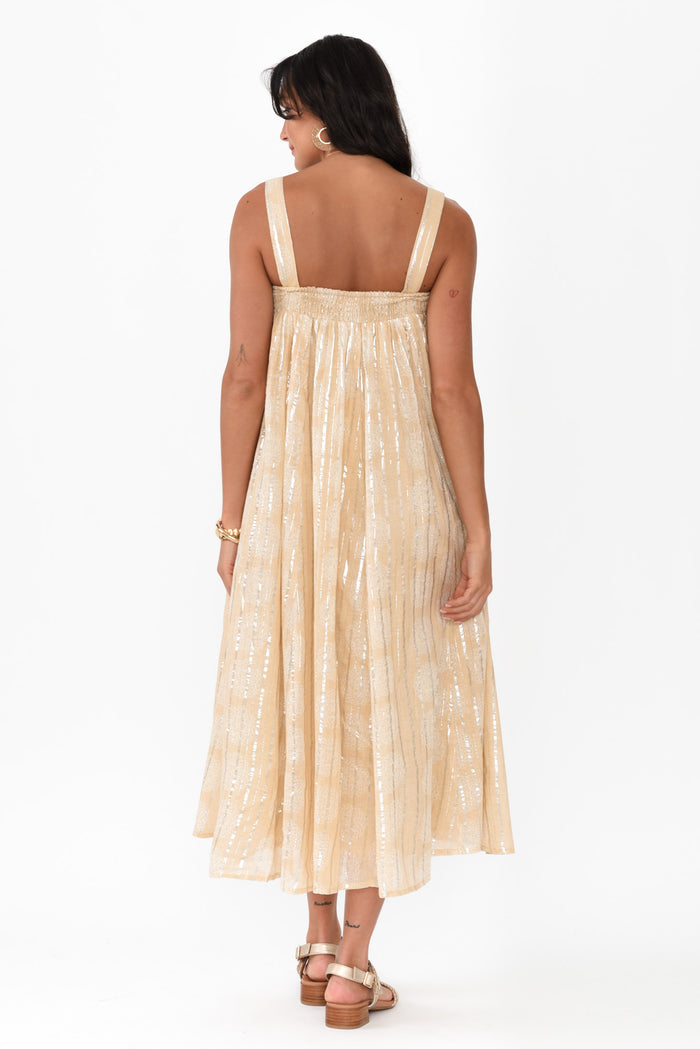 Livvy Beige Stripe Cotton Maxi Dress,Brunette model,alt text|model:Brontie