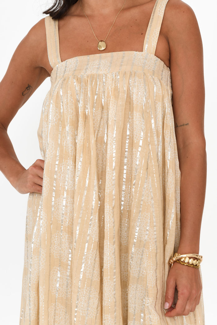 Livvy Beige Stripe Cotton Maxi Dress,Brunette model,alt text|model:Brontie