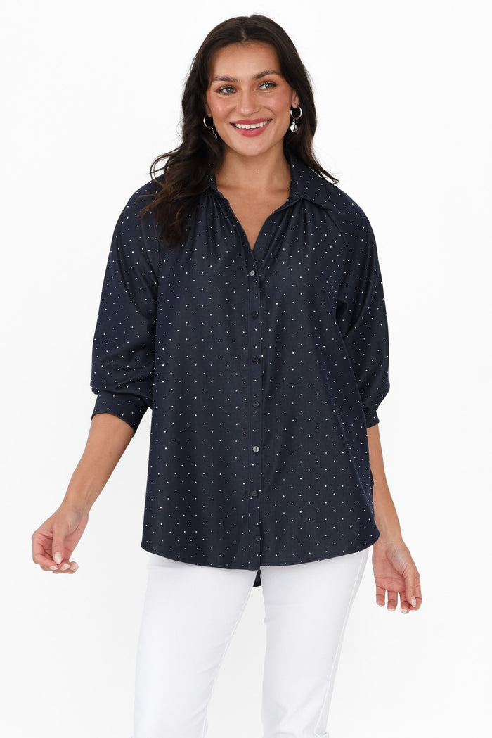 Lizza Dark Blue Embellished Shirt,Brunette model,alt text|model:Brontie