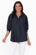 Lizza Dark Blue Embellished Shirt,Brunette model,alt text|model:Brontie