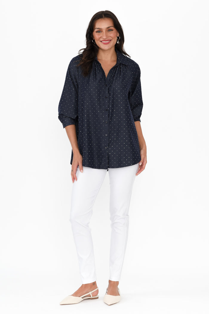 Lizza Dark Blue Embellished Shirt,Brunette model,alt text|model:Brontie