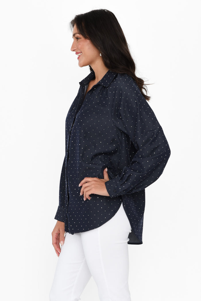 Lizza Dark Blue Embellished Shirt,Brunette model,alt text|model:Brontie