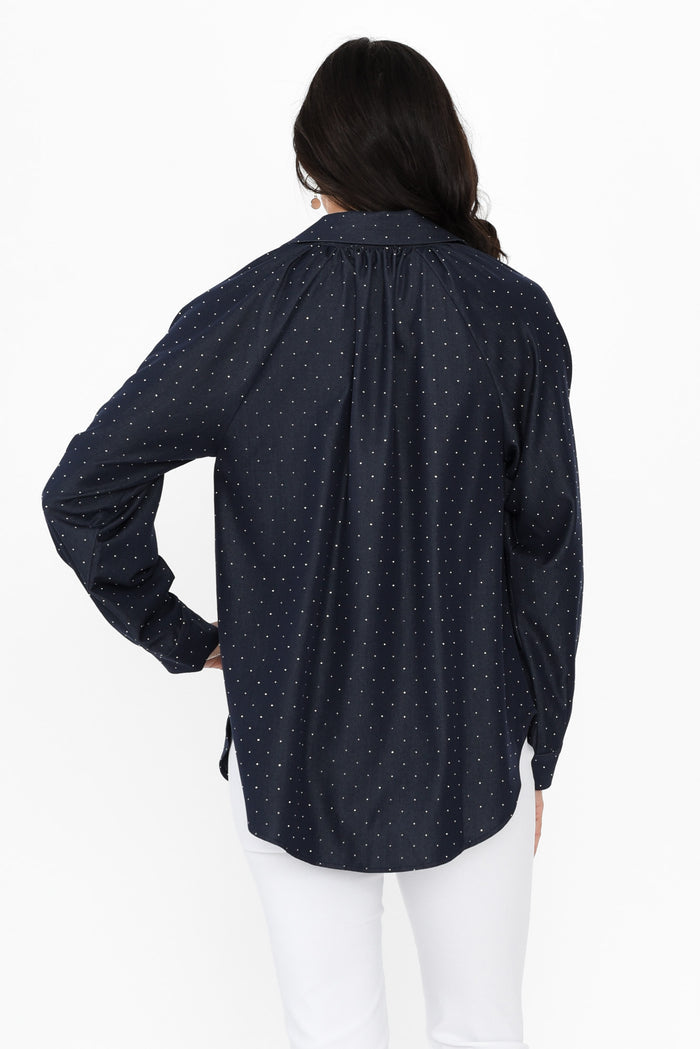 Lizza Dark Blue Embellished Shirt,Brunette model,alt text|model:Brontie