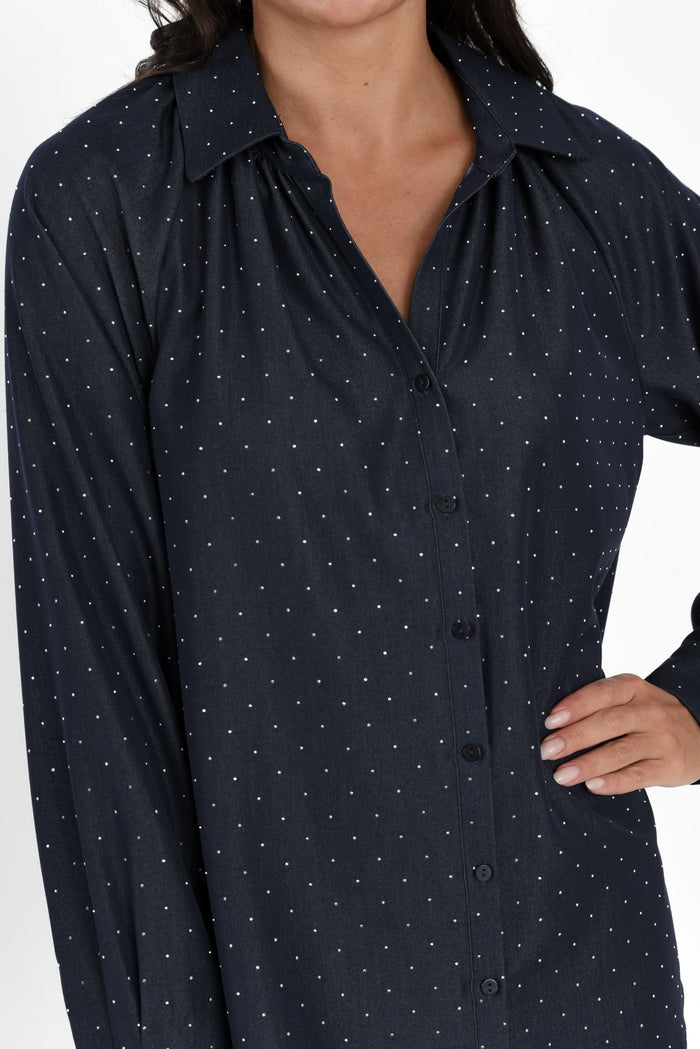 Lizza Dark Blue Embellished Shirt,Brunette model,alt text|model:Brontie