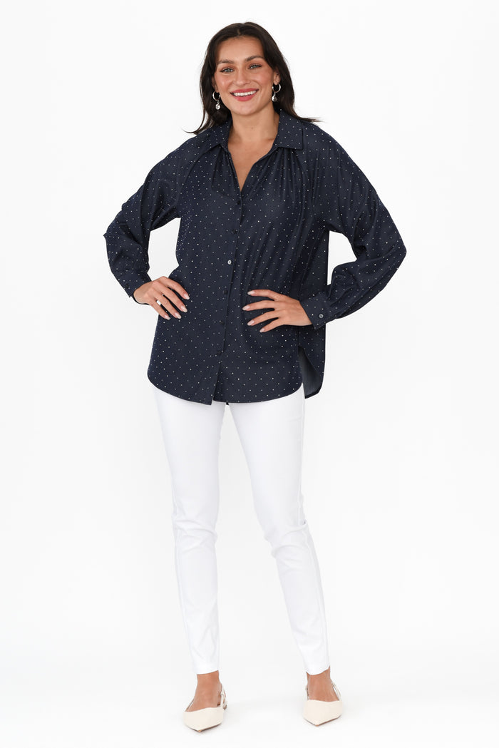 Lizza Dark Blue Embellished Shirt,Brunette model,alt text|model:Brontie