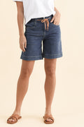 Lizzy Dark Blue Denim Drawstring Shorts,Brunette model,alt text|model:MJ
