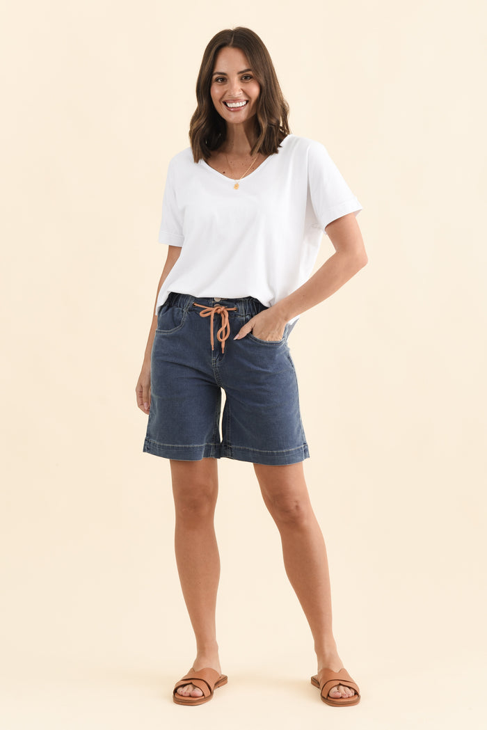 Lizzy Dark Blue Denim Drawstring Shorts,Brunette model,alt text|model:MJ