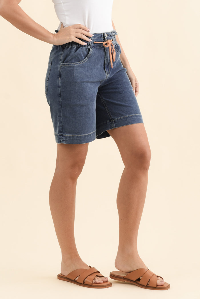 Lizzy Dark Blue Denim Drawstring Shorts,Brunette model,alt text|model:MJ