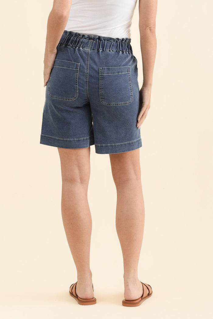 Lizzy Dark Blue Denim Drawstring Shorts,Brunette model,alt text|model:MJ