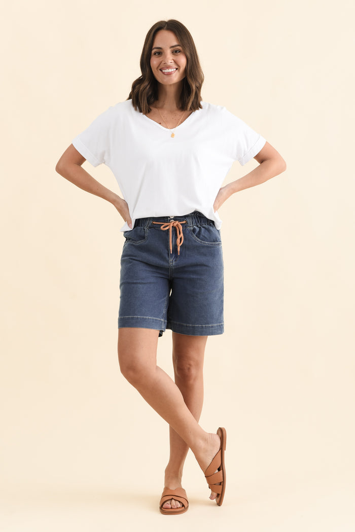 Lizzy Dark Blue Denim Drawstring Shorts,Brunette model,alt text|model:MJ