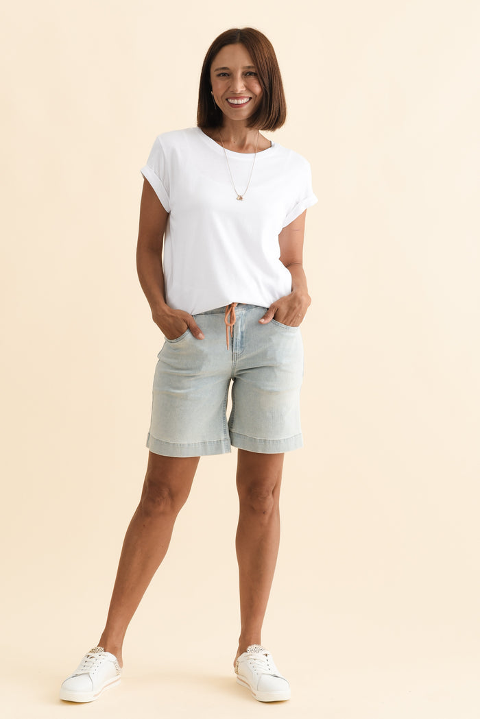 Lizzy Light Blue Denim Drawstring Shorts,Brunette model,alt text|model:Cara