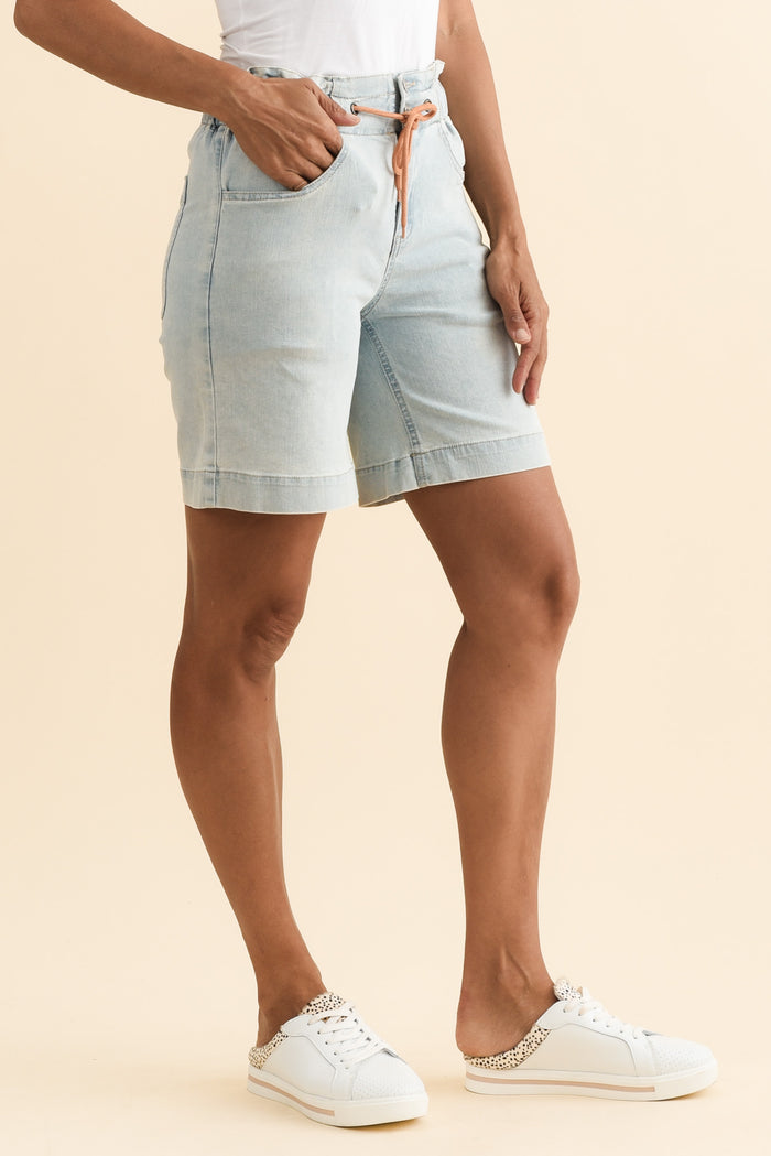 Lizzy Light Blue Denim Drawstring Shorts,Brunette model,alt text|model:Cara