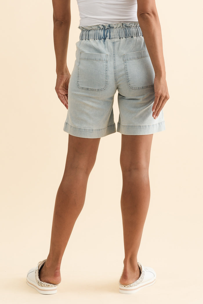 Lizzy Light Blue Denim Drawstring Shorts,Brunette model,alt text|model:Cara