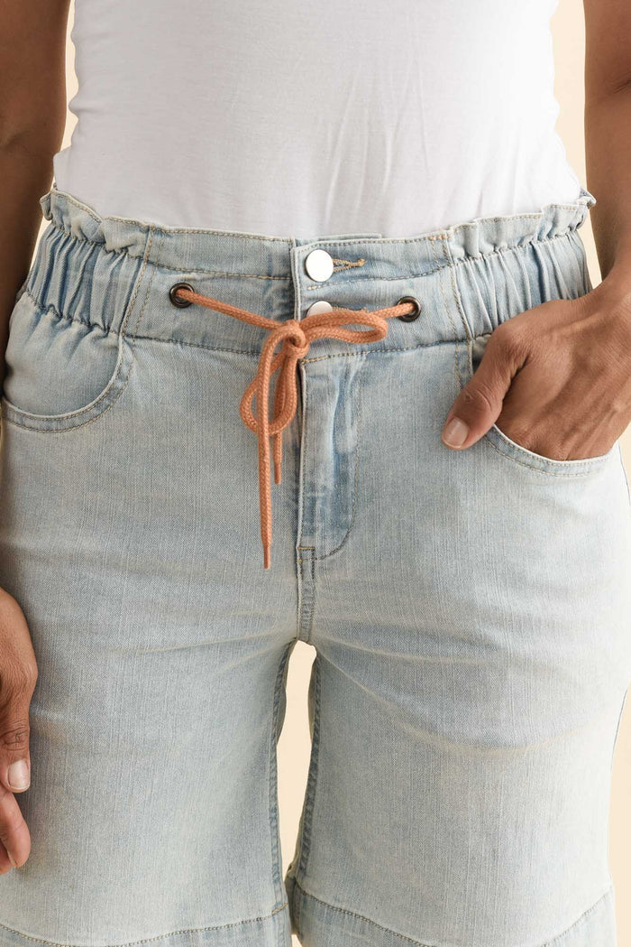 Lizzy Light Blue Denim Drawstring Shorts,Brunette model,alt text|model:Cara