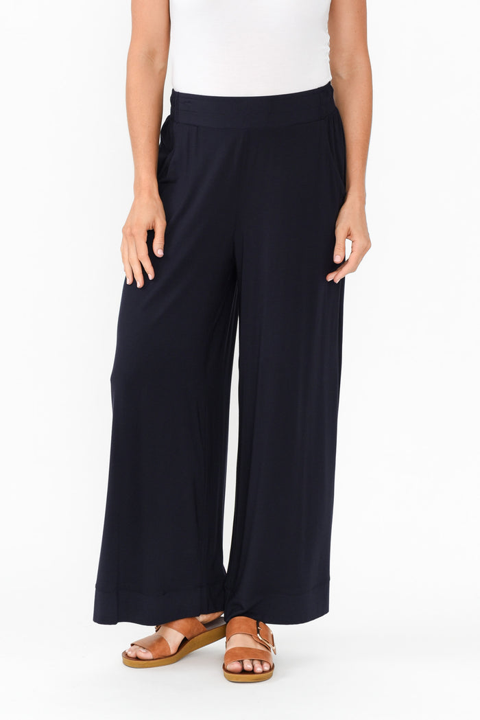 Lola Navy Micro Modal Wide Leg Pants,Brunette model,alt text|model:Elouise