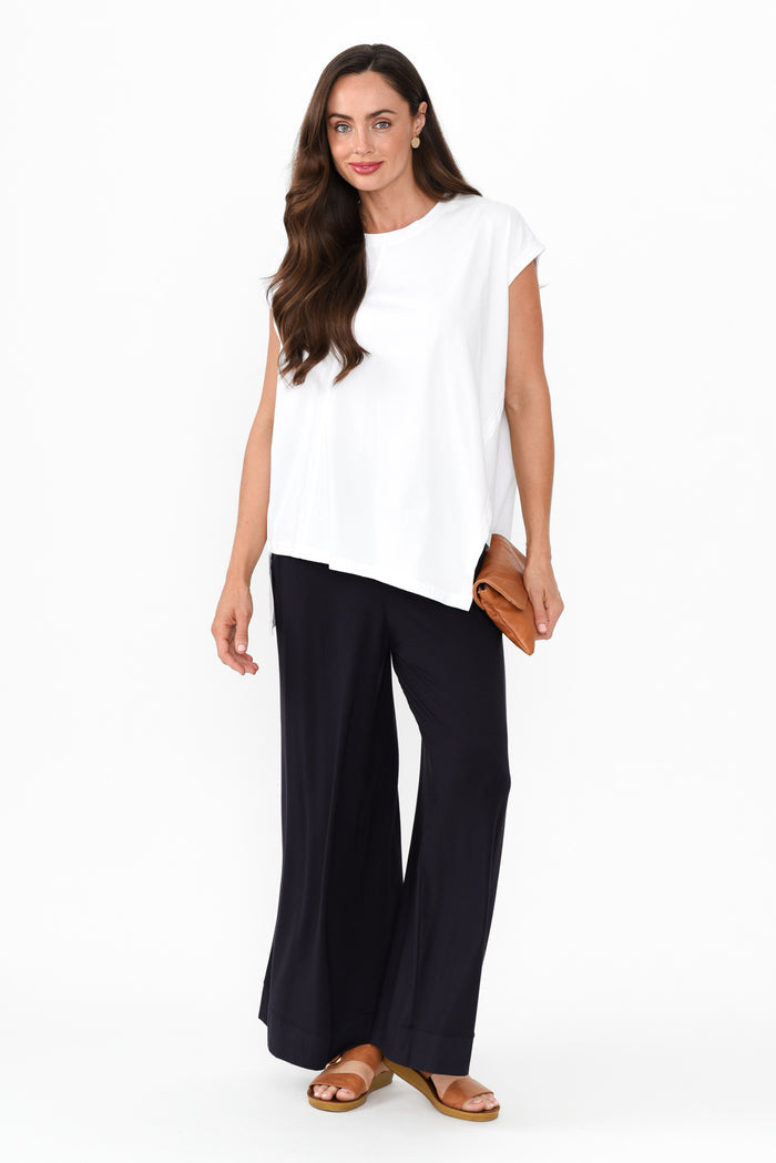 Lola Navy Micro Modal Wide Leg Pants,Brunette model,alt text|model:Elouise