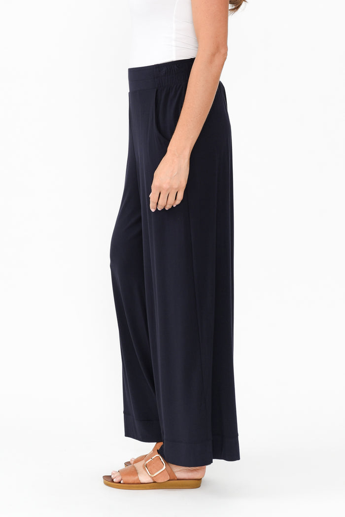 Lola Navy Micro Modal Wide Leg Pants,Brunette model,alt text|model:Elouise