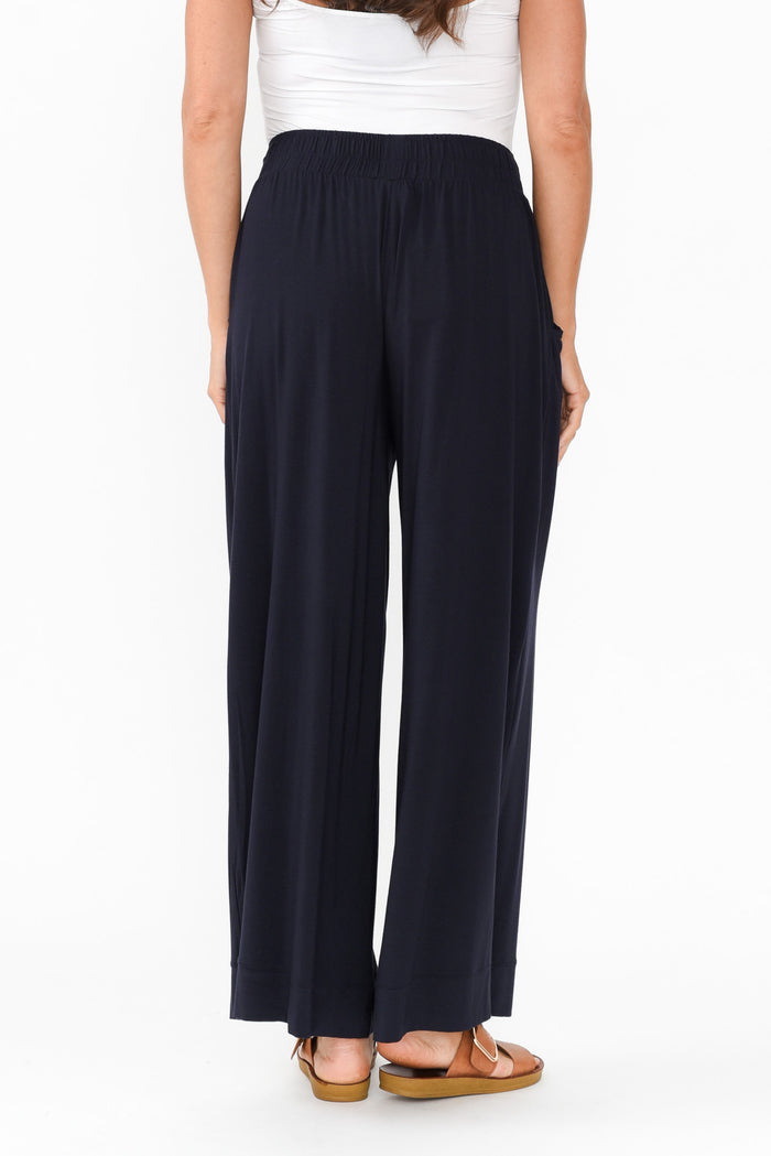 Lola Navy Micro Modal Wide Leg Pants,Brunette model,alt text|model:Elouise