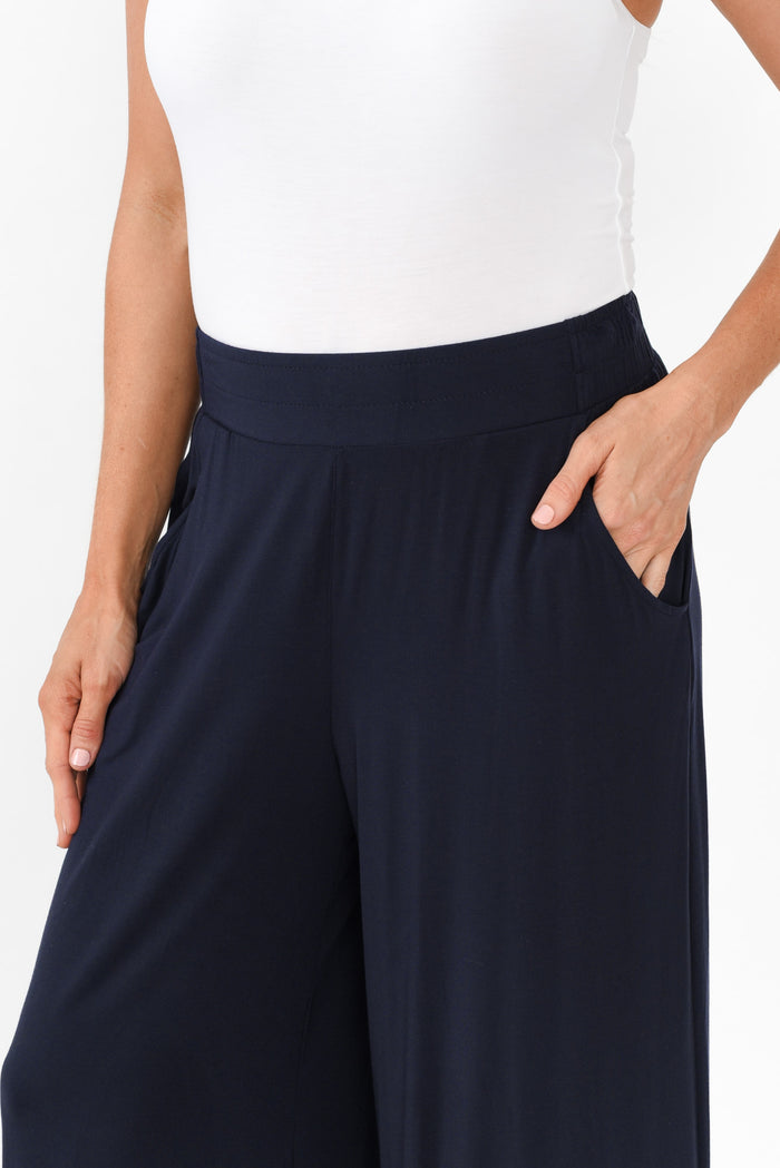Lola Navy Micro Modal Wide Leg Pants,Brunette model,alt text|model:Elouise