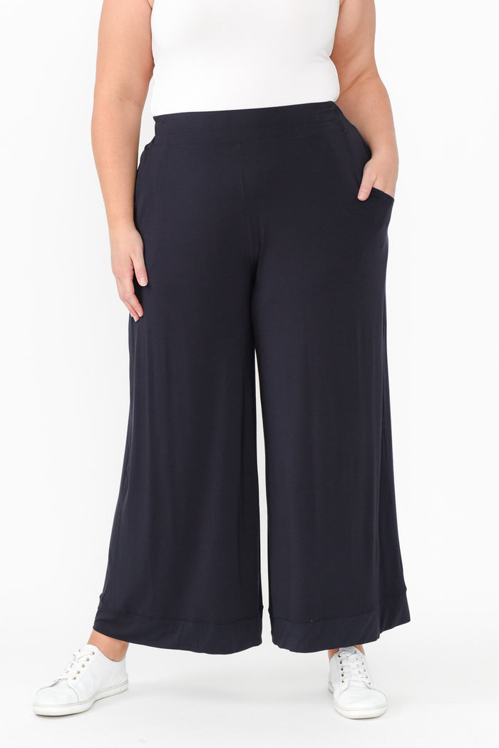 Lola Navy Micro Modal Wide Leg Pants,Blonde model,plus-size,curve-bottoms,plus-size-Pants,plus-size-work-edit,alt text|model:Caitlin