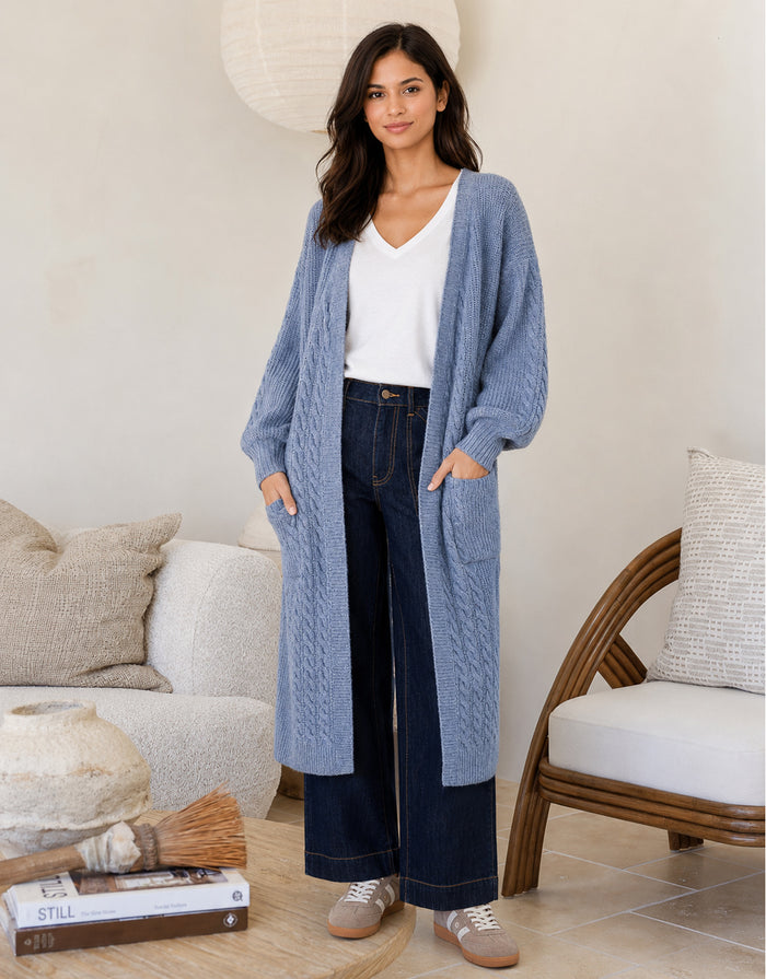 Longline Cable Cardi - Blue