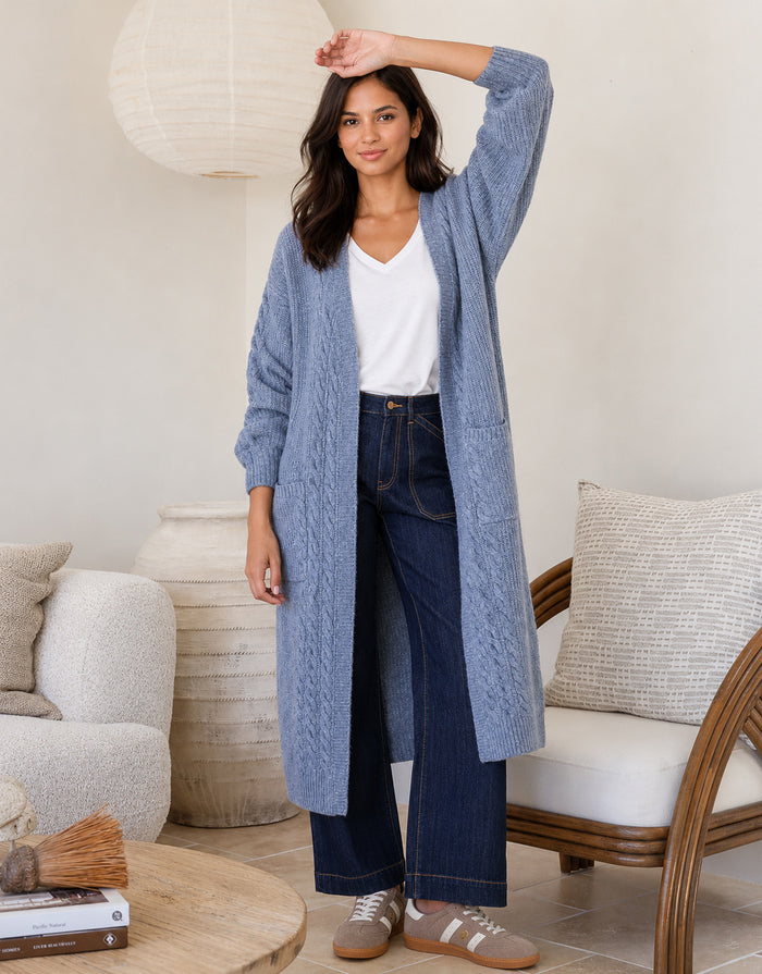 Longline Cable Cardi - Blue