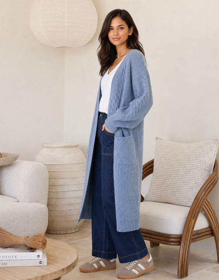 Longline Cable Cardi - Blue