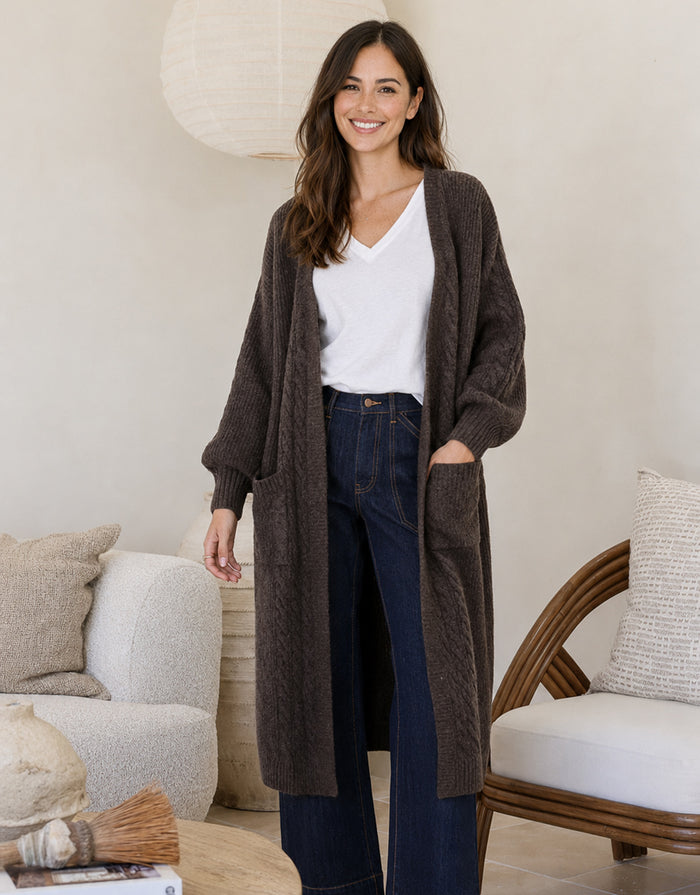 Longline Cable Cardi - Chocolate