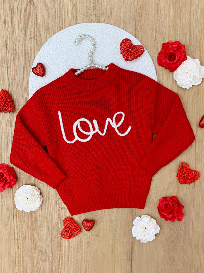 "Love" At First Sight Embroidered Chunky Knit Sweater Mia Belle Girls