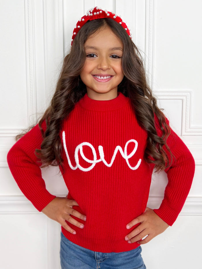 "Love" At First Sight Embroidered Chunky Knit Sweater Mia Belle Girls