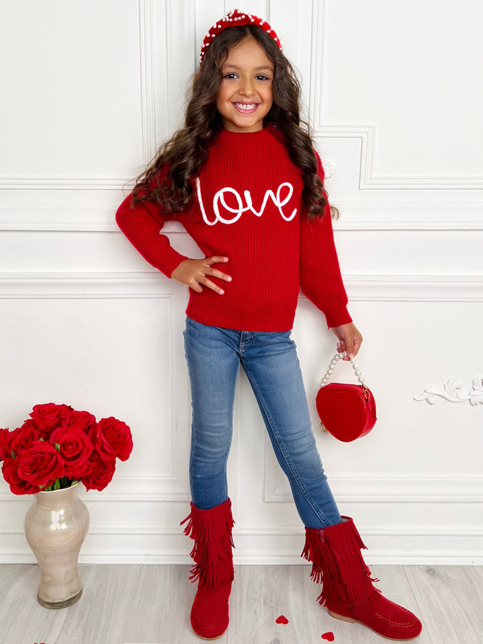 "Love" At First Sight Embroidered Chunky Knit Sweater Mia Belle Girls