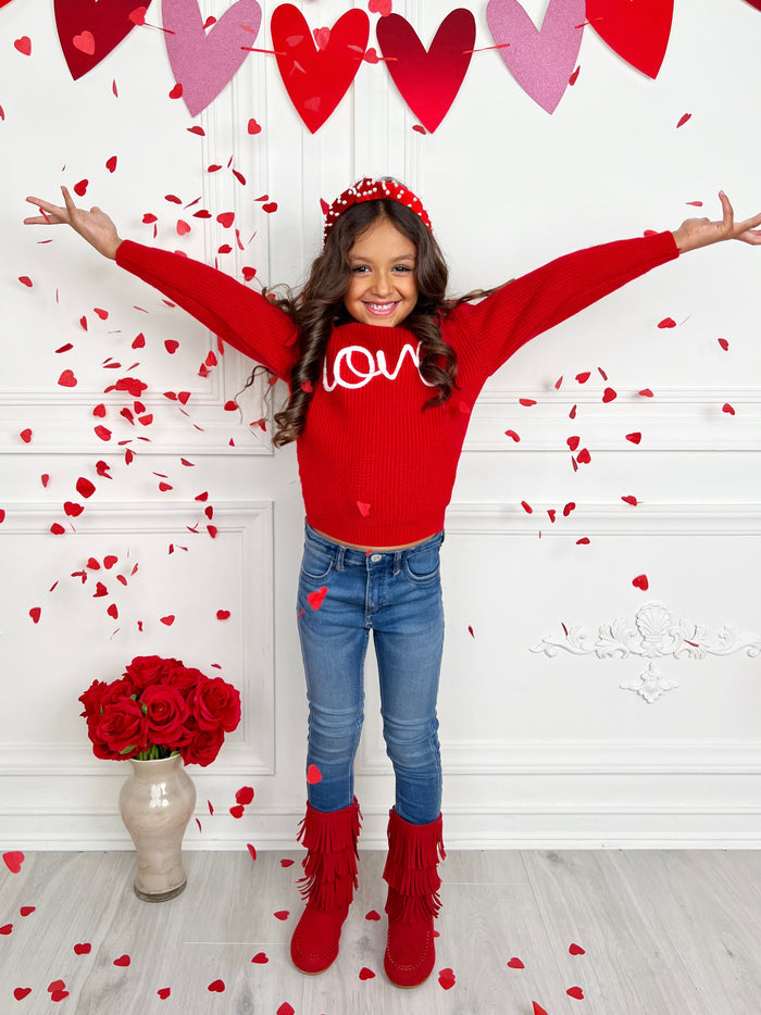 "Love" At First Sight Embroidered Chunky Knit Sweater Mia Belle Girls