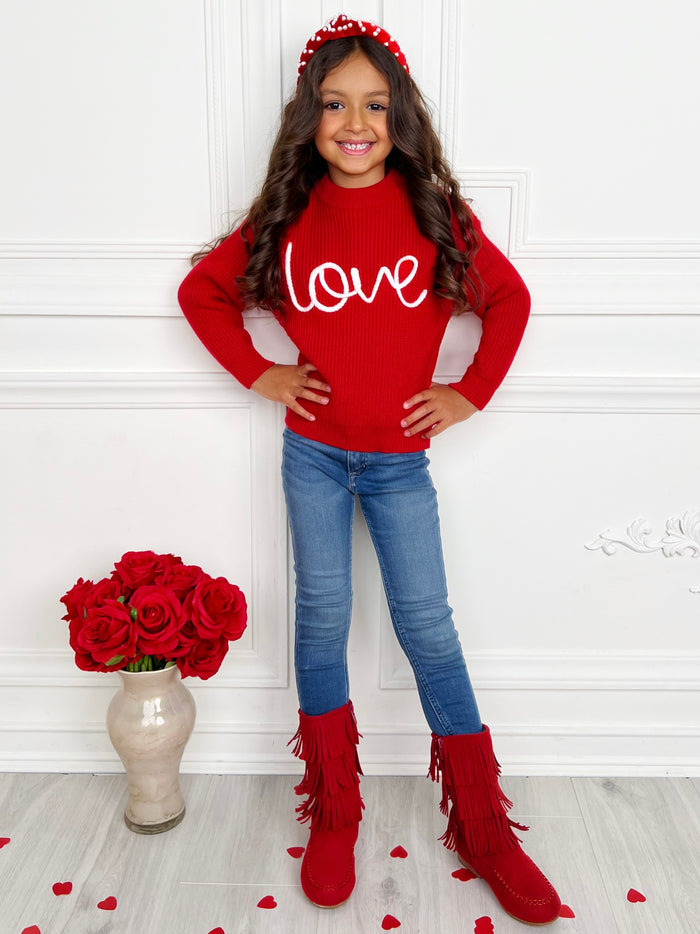 "Love" At First Sight Embroidered Chunky Knit Sweater Mia Belle Girls