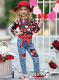 Toddler Valentine's Day Outfit | Girls Heart Print Patched Denim Set